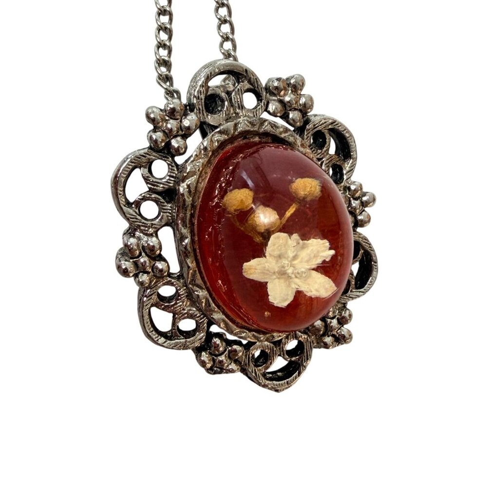 Vintage Floral Pendant Necklace Pressed Flowers in Glass Silver-Tone Filigree - Picture 2 of 5